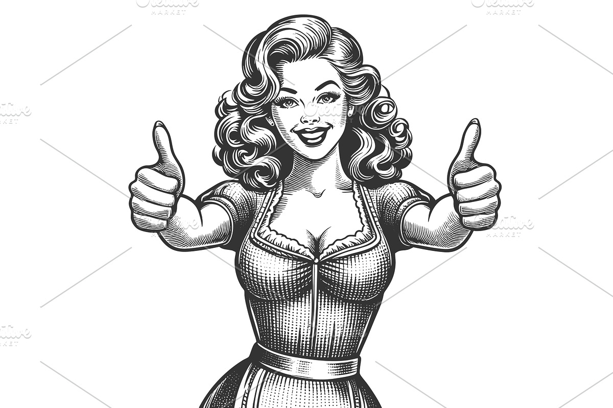 Smiling Retro Woman Giving Two, a Person Illustration by AlexArt