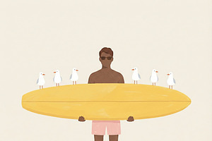 Man with Surfboard and Seagulls, a Decorative Illustration by Virgo Studio