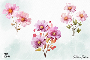 Pink Wild Flowers Watercolor Clipart