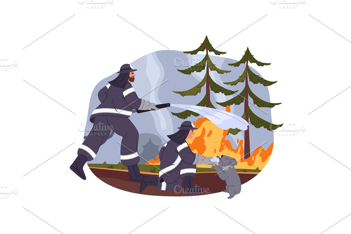 Fireman at forest extinguishing fire, an Illustration by Elegant Solution