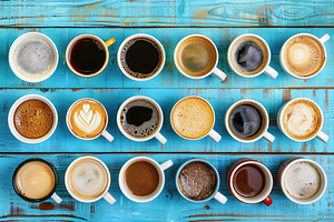 Flat lay of different cups of coffee on wooden table, a Food & Drink Photo by AlyaAnd