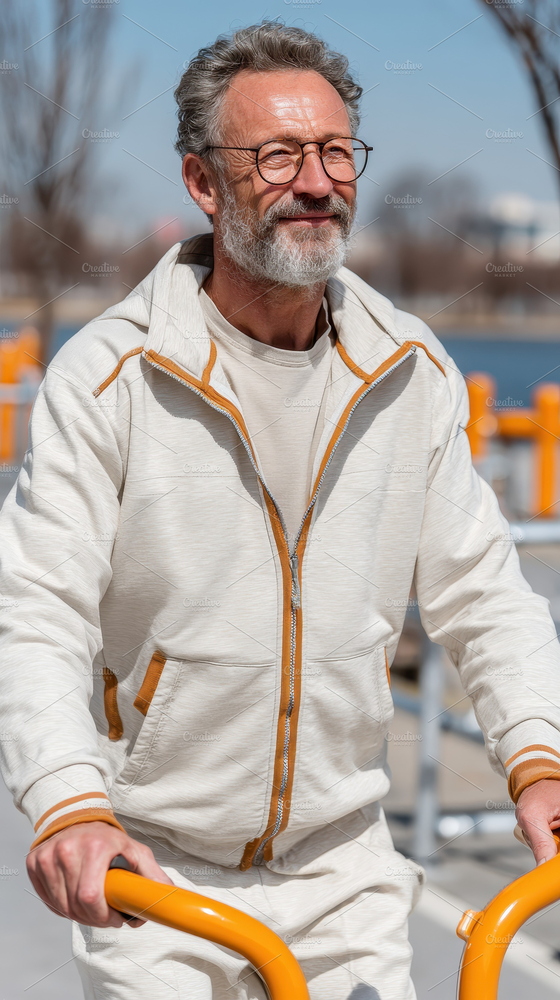 Mature man in beige tracksuit using, a Photo by Pixeness Studio