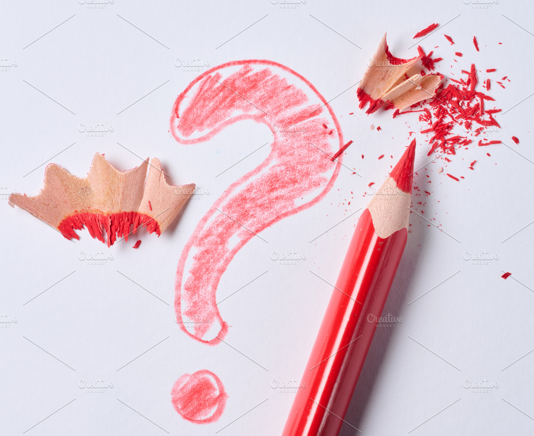 Red pencil and a drawn question mark with shavings on a white ba, a Background Photo by ndanko