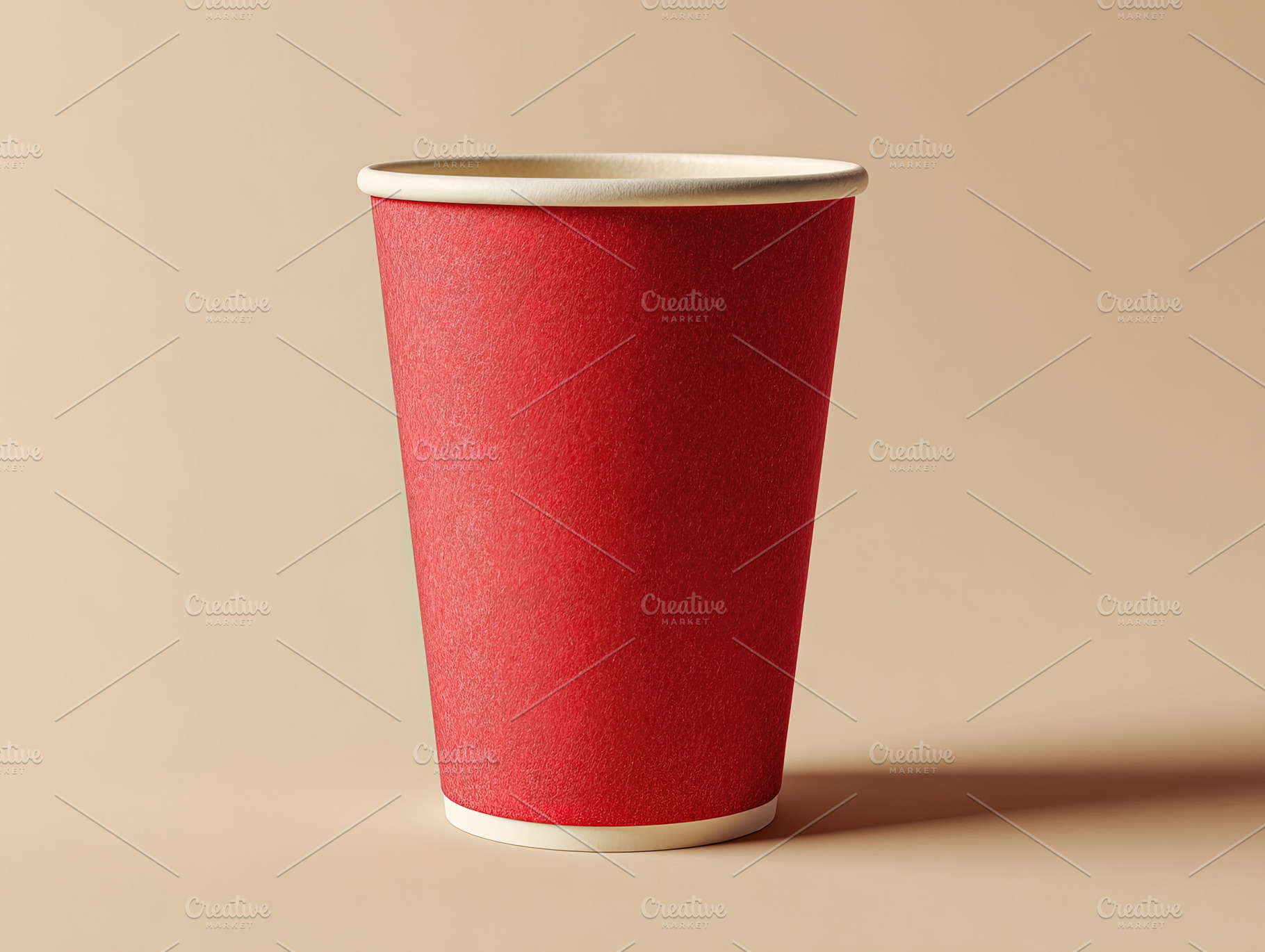 Minimalist red paper coffee cup standing upright on a neutral ba, an Abstract Photo by Ales Munt