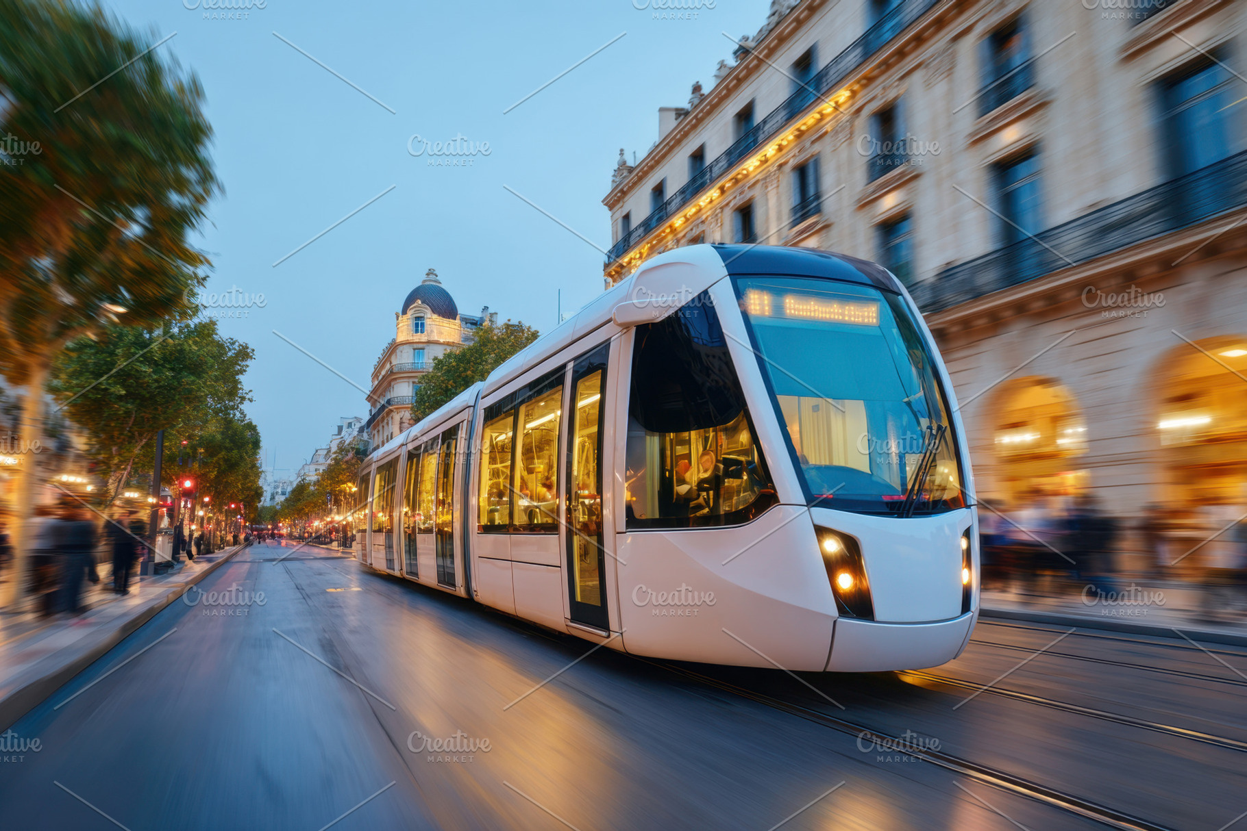 Modern white tram in city at sunset, a Transportation Photo by AlyaAnd