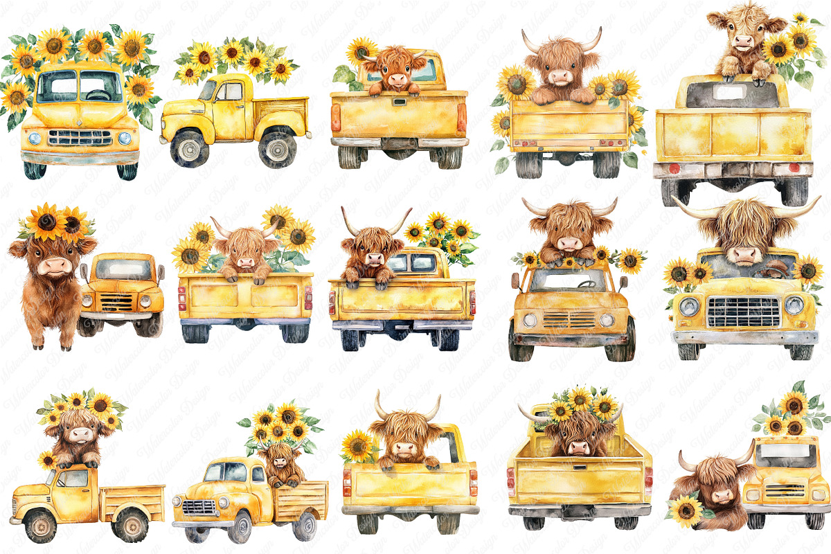 Sunflower Highland Cow Truck Clipart, an Illustration by Watercolor design (Photo 2 of 12)