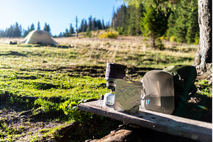 Hiker preparing freeze-dried meal in, a Food & Drink Photo by Stockphoto by vzwer