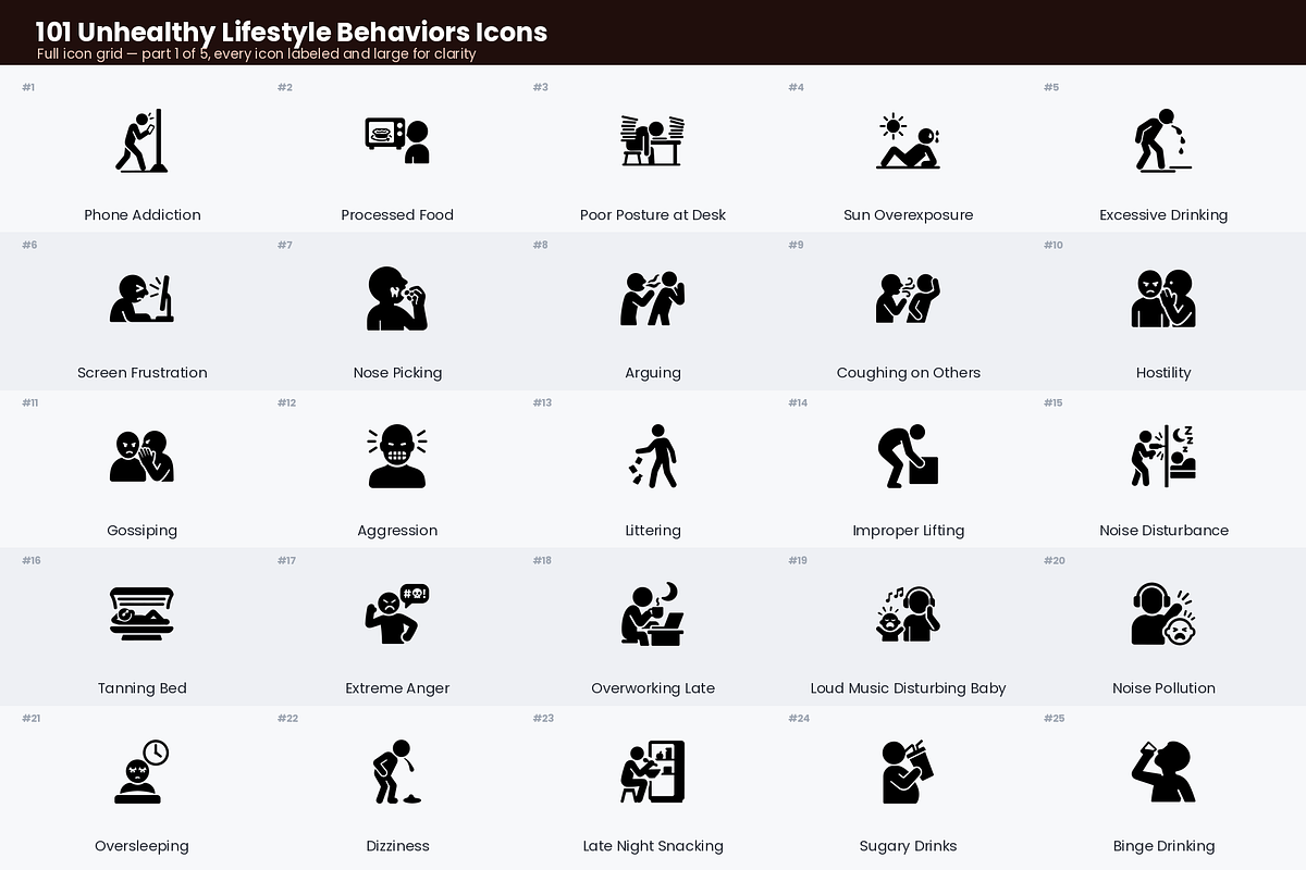 Unhealthy Lifestyle Behaviors Icons, a Solid Icon by Symbolic Language (Photo 2 of 7)