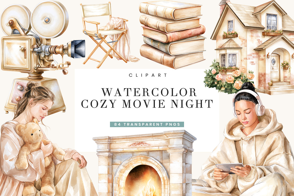 Watercolor Cozy Movie Night Clipart, an Object Illustration by BusyDaydesign (Photo 1 of 9)