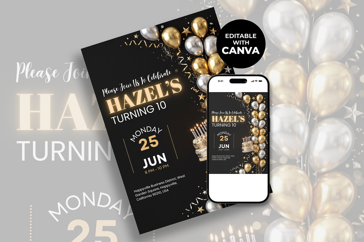 Black Gold Birthday Invitation, an Invitation Template by M9 Design (Photo 2 of 4)