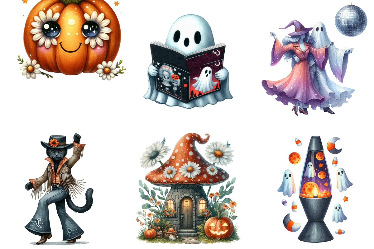 Watercolor Retro Halloween Clipart, an Illustration by DreamArtGraphic (Photo 4 of 5)