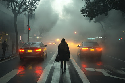 Fog envelops city streets as a woman, a Photo by Tanuart