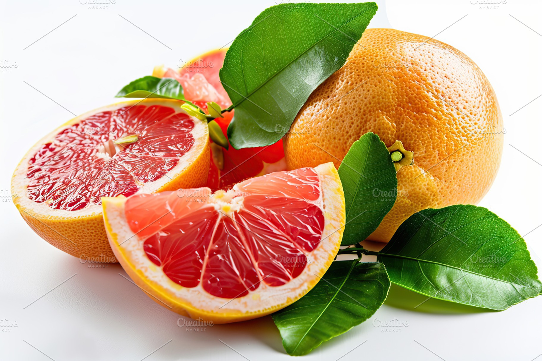 Fresh and tasty grapefruits with green leaves on white background, a Food & Drink Photo by AlyaAnd