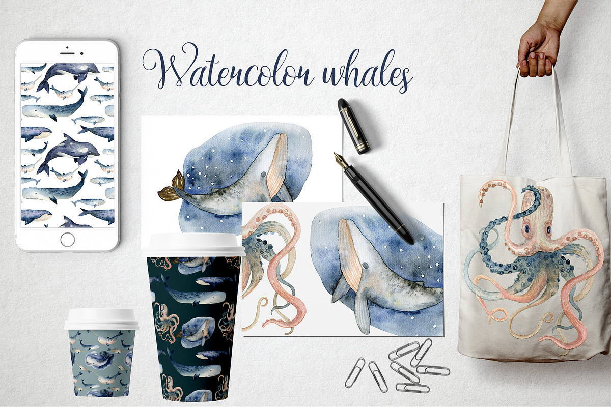 Watercolor Whales & Patterns, an Animal Illustration by annasokol_ (Photo 3 of 6)