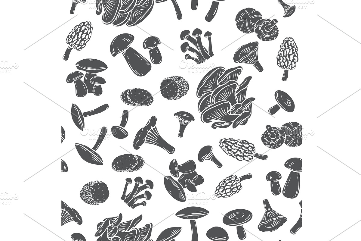 Edible mushrooms seamless pattern, a Food Illustration by VictoriaSergeeva