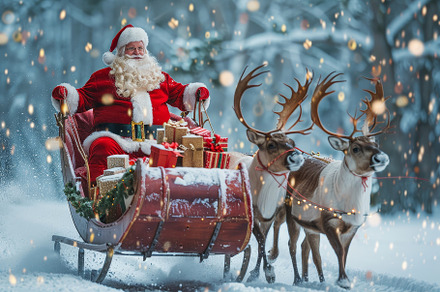 Santa Claus is joyfully riding a dec, a Photo by Tanuart