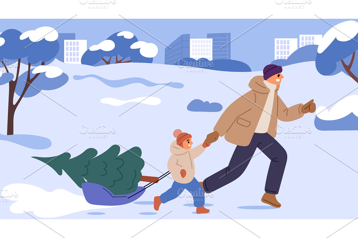 Joyful father and son sledding home, a Person Illustration by Vectorbuum