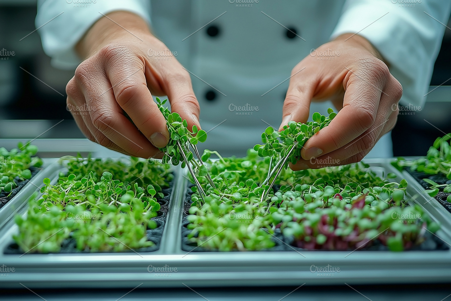 A chef's hands carefully harvest vibrant microgreens in a modern kitchen settin, a Person Photo by ImageMir