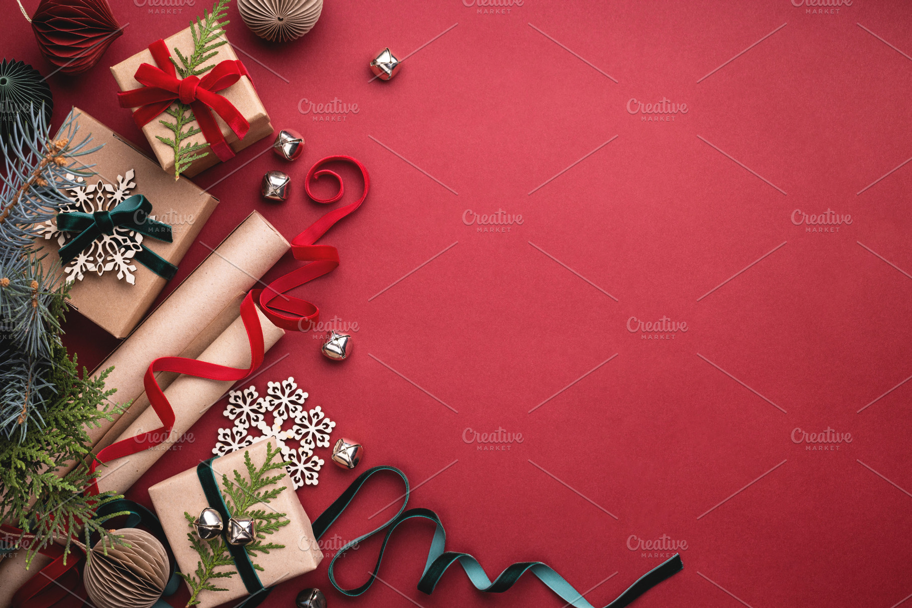 Christmas gift boxes on red backgrou, a Holiday Photo by Olga_Z