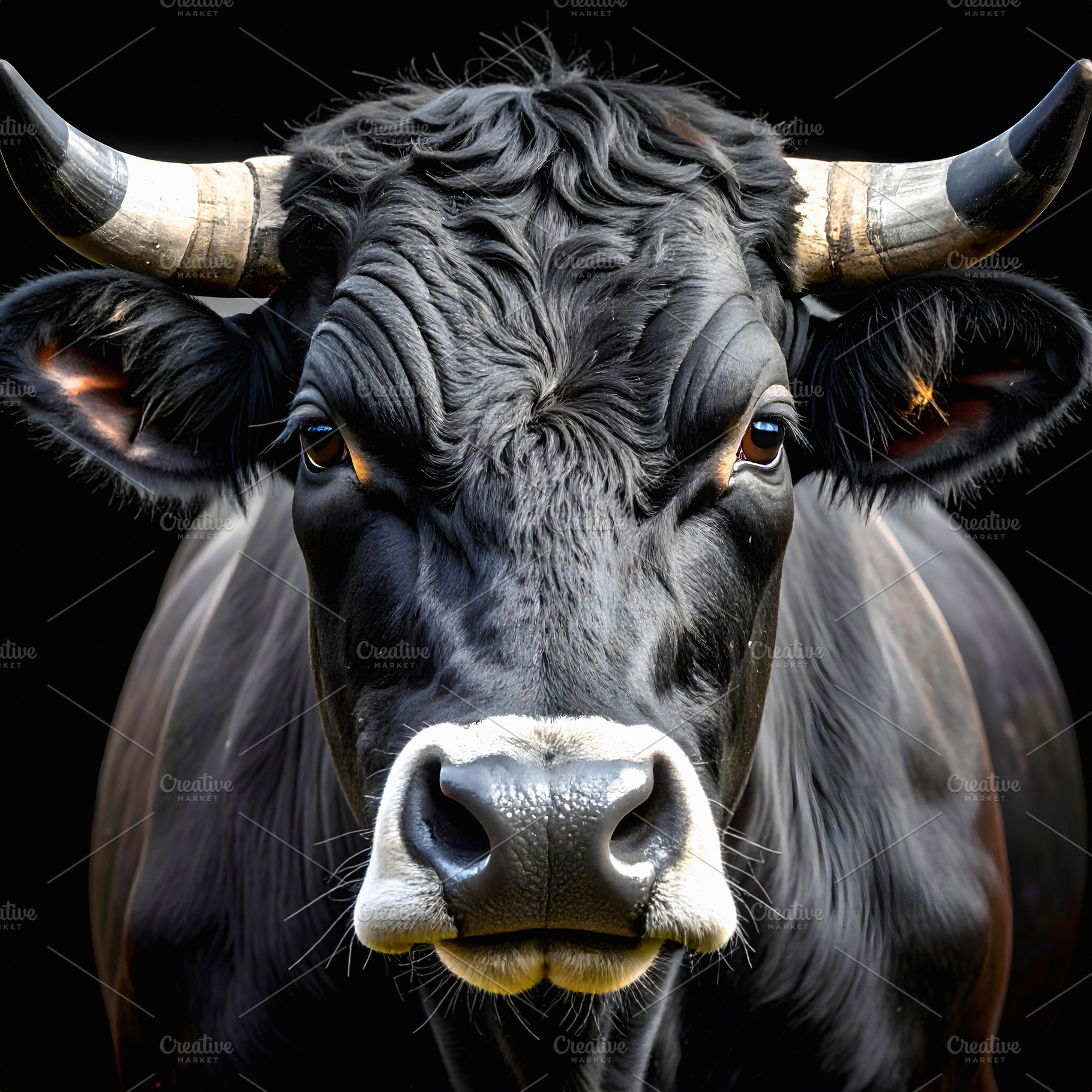 Strong black bull with powerful horns staring forward, an Animal Photo by GoodGoods