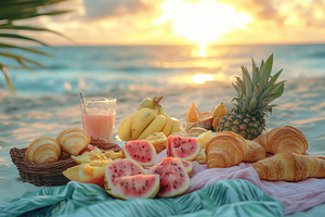 Beautiful beach picnic spread, a Photo by Pavel_design