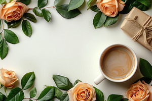Coffee cup with peach roses and gift box flat lay frame composit, a Holiday Photo by José Manuel Gelpi