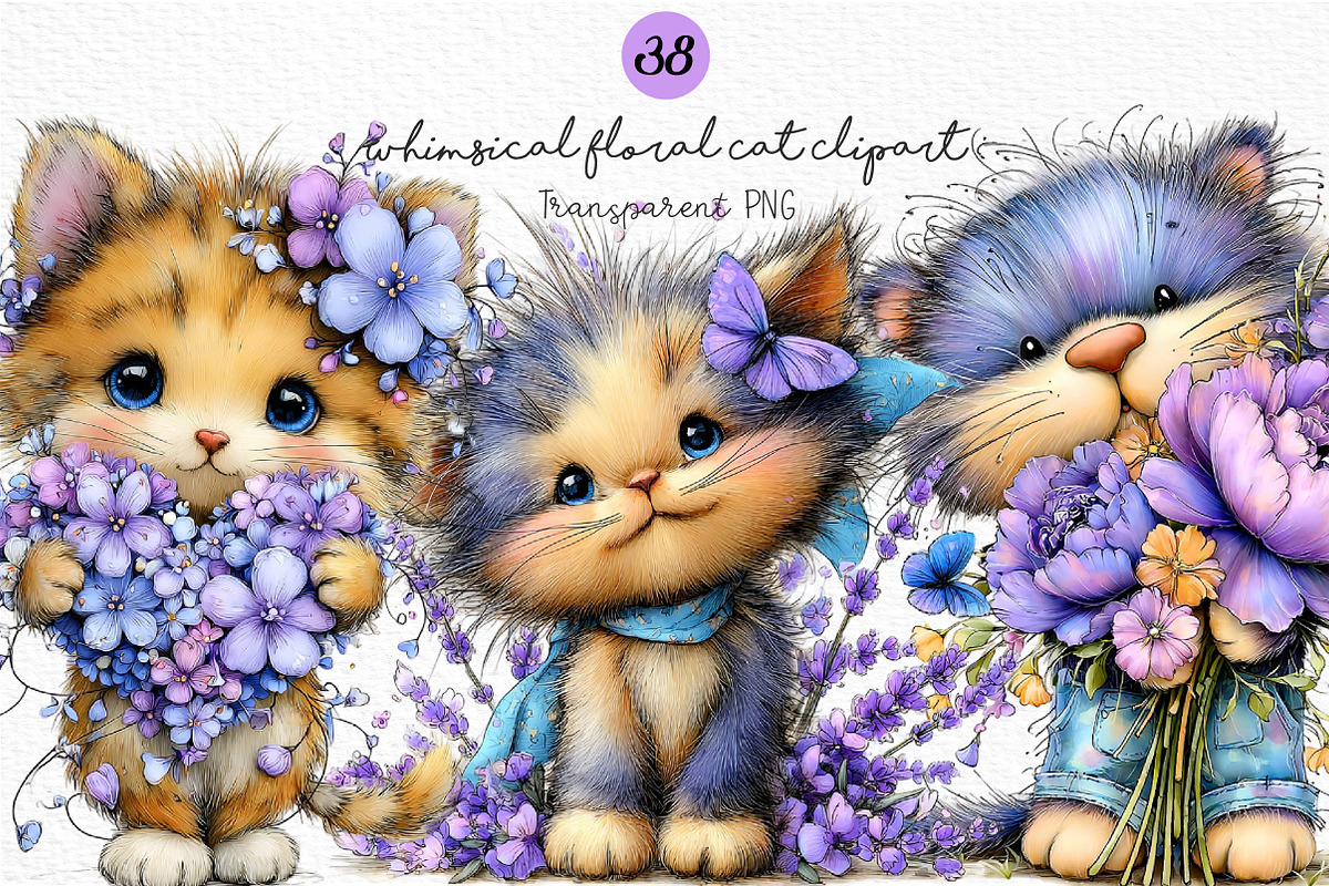 Whimsical Floral Cat Clipart Bundle, a Seasonal Illustration by Craft Nest (Photo 1 of 12)