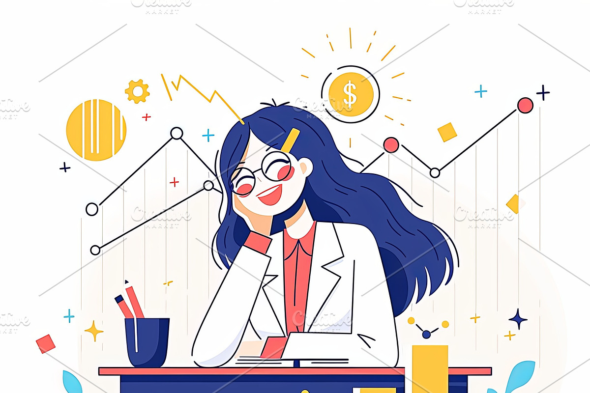 Smiling businesswoman with financial growth charts and coins on her desk, an Illustration by AS photostudio