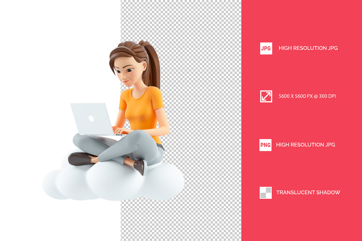 3D Woman Sitting on Cloud and Using, a Person Illustration by 3DMask