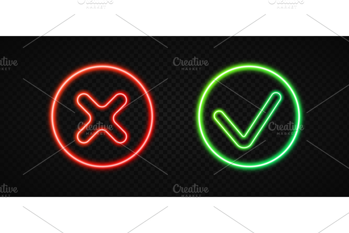Neon checkmark and cross in circle, an Object Illustration by skripnikbb