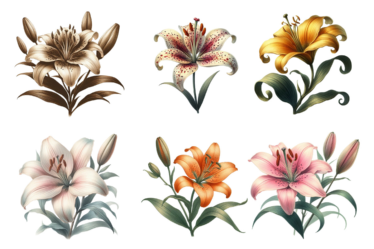 Retro Vintage Lilies Flower Clipart, an Illustration by SinaCreation (Photo 4 of 5)