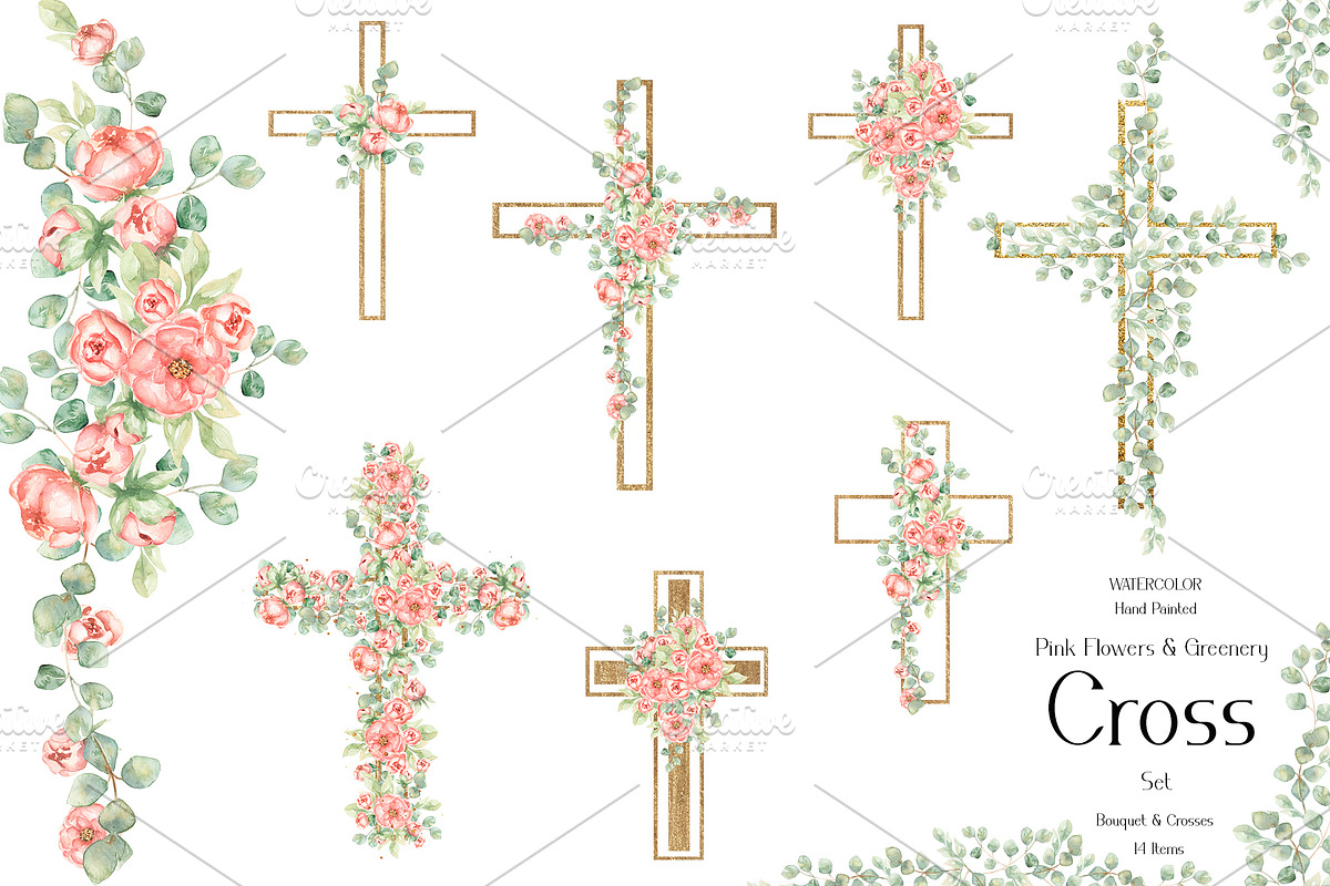 Watercolor Flowers & Greenery Cross, a Decorative Illustration by MayaNavits (Photo 1 of 8)