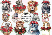 Red Roses Cute Animals Lion Hippo, an Illustration by CraftArtStudio (Thumbnail 1 of 6)