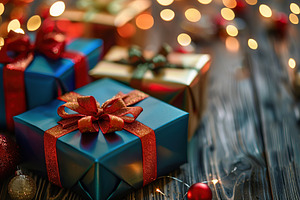 Colorful christmas gift boxes with ribbon bows on blurred lights background, a Holiday Photo by AlyaAnd