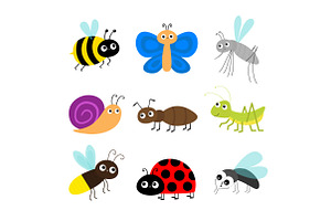 Cute Cartoon Insect Set.