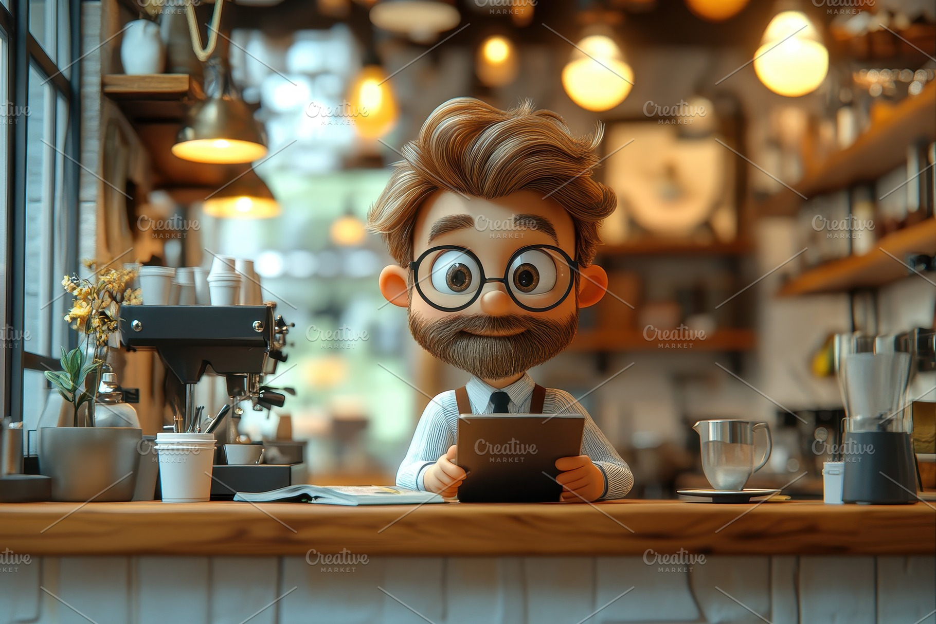 Character in a cozy cafe reading on, a Photo by Tanuart