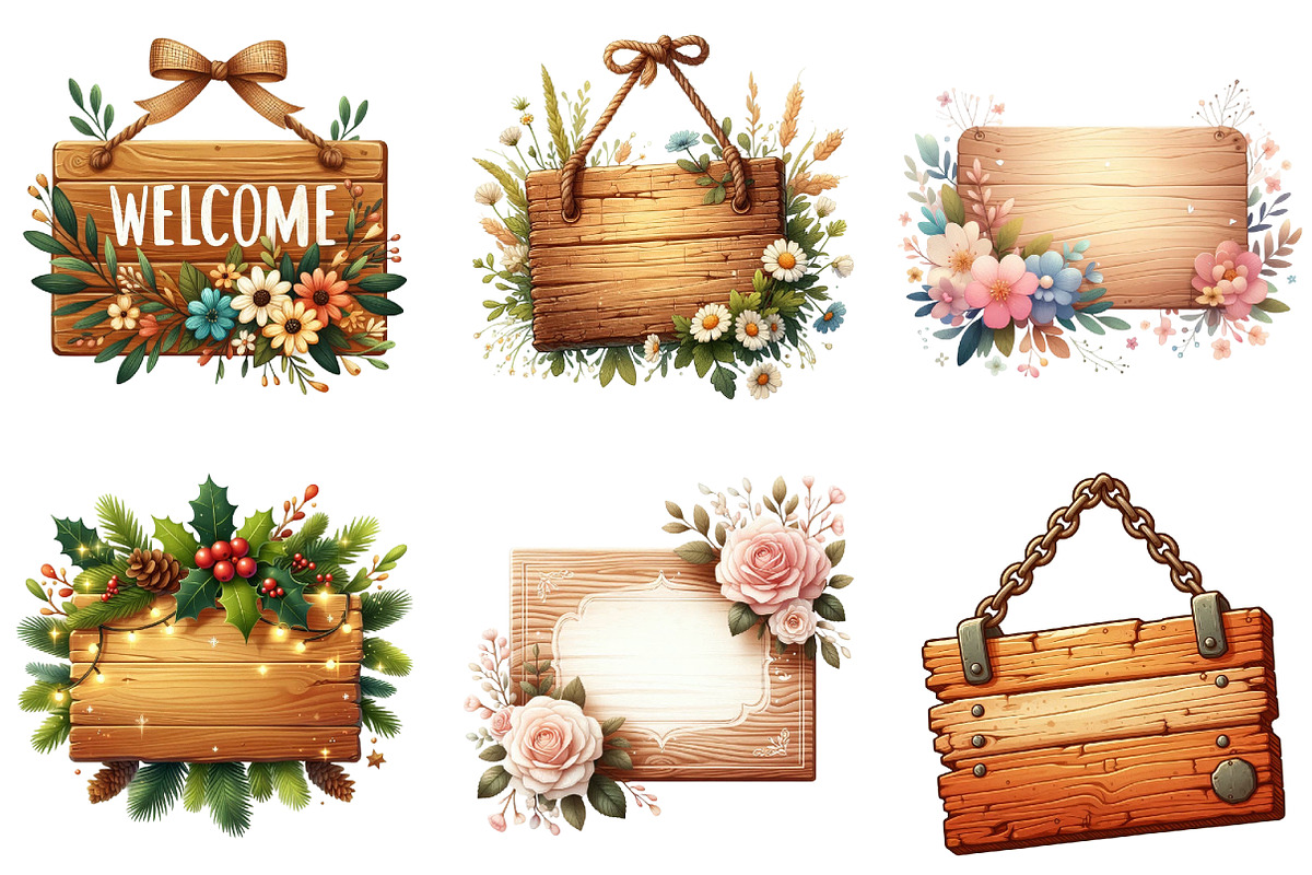 Watercolor Wood Sign Clipart, a Seasonal Illustration by DreamArtGraphic (Photo 3 of 4)