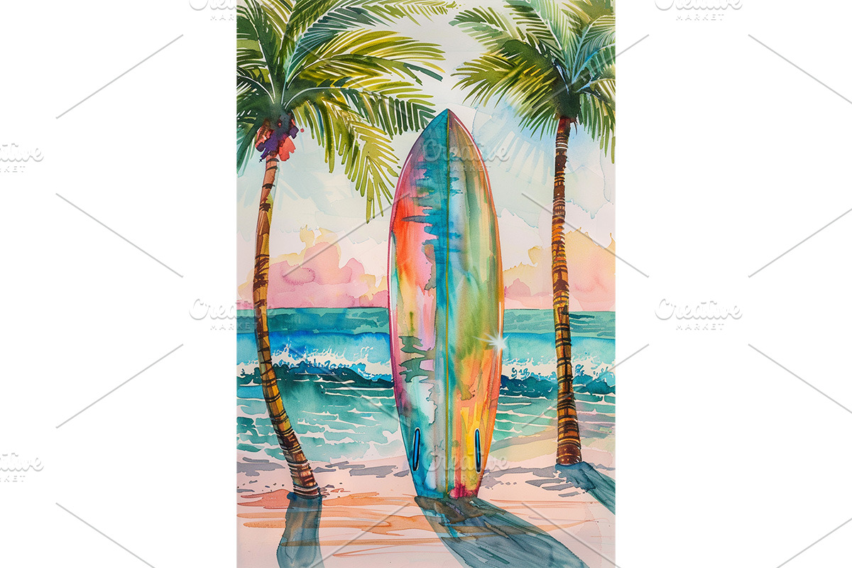 Surfboard Watercolor Palm Art, a Decorative Illustration by Art Paradise Studios