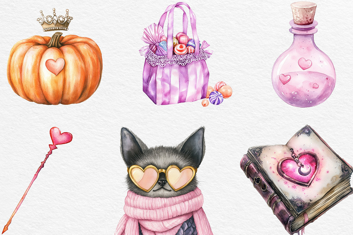 Watercolor Pink Halloween Clipart, an Illustration by Black Bird Studio (Photo 4 of 6)