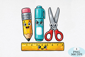 Cute Pencil Ruler Scissors & Marker, a Seasonal Illustration by Daily.Designs