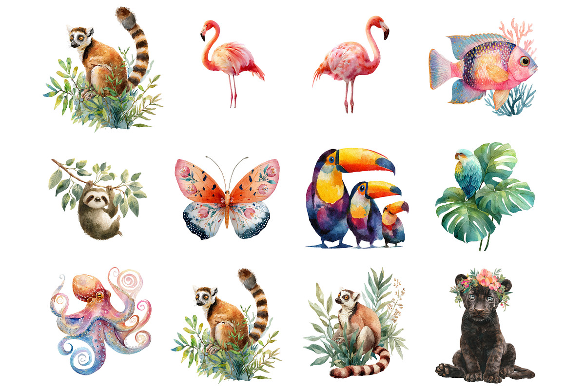 Watercolor Tropical Animals Clipart, an Illustration by DreamArtGraphic (Photo 2 of 4)