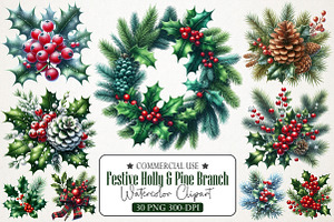 Festive Holly & Pine Branch Clipart, an Illustration by RobertsArt