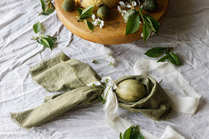 Happy Easter! Stylish eggs in bunny ears napkin on plate, easter, a Holiday Photo by Sonjachni