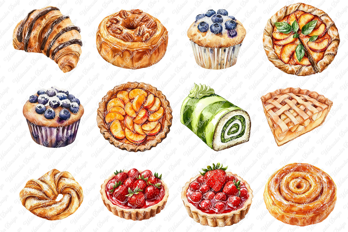 Pastries Watercolor Clipart Set, an Illustration by Watercolor design (Photo 2 of 12)