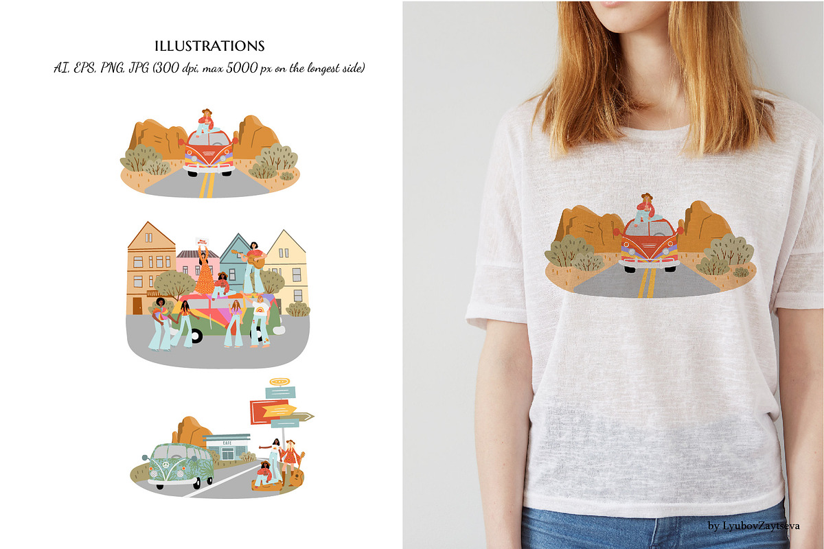 groovy hippie clipart, retro 70s set, a Person Illustration by LyubovZaytseva (Photo 4 of 23)