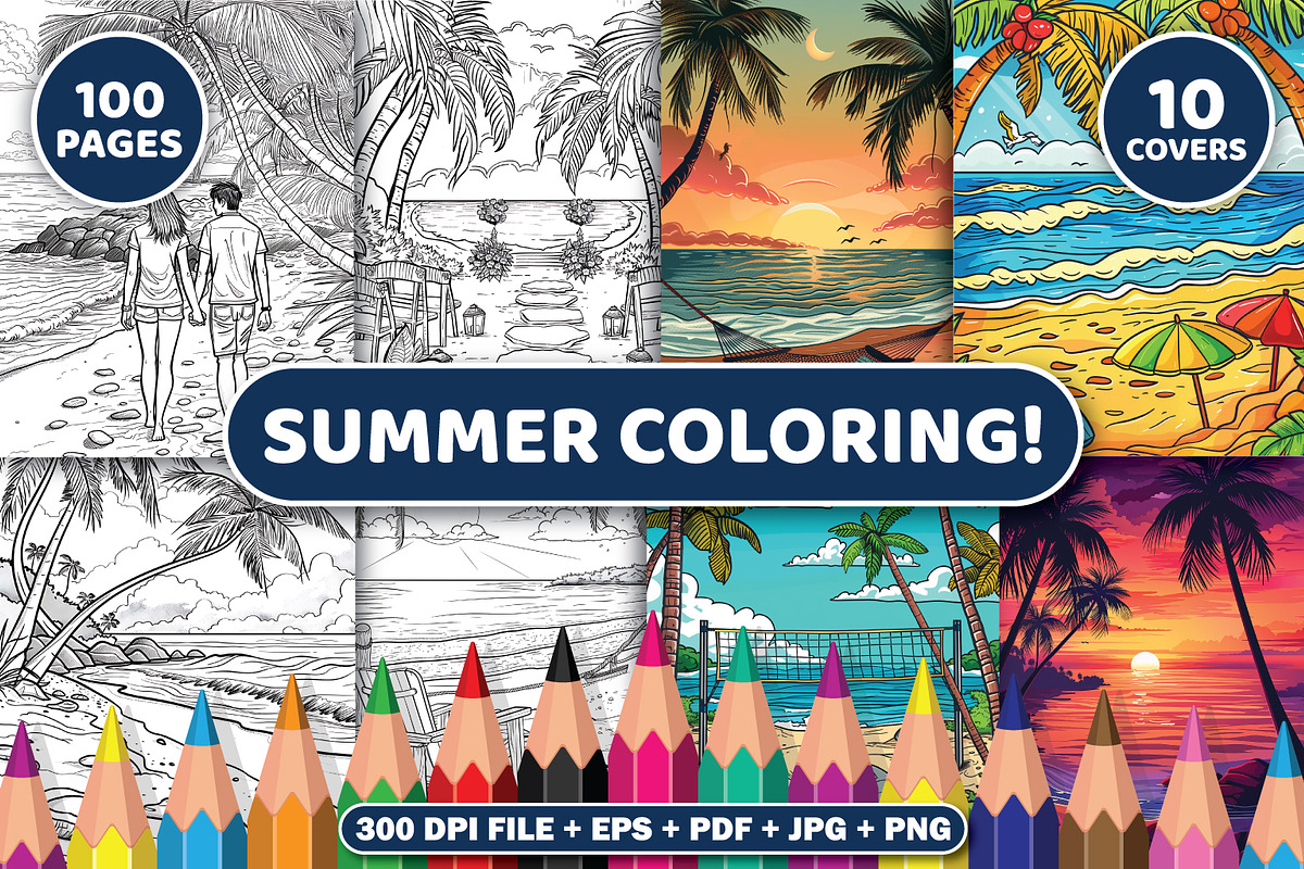 100 Summer Coloring Pages For Adults, a Seasonal Illustration by BrightMart (Photo 1 of 4)