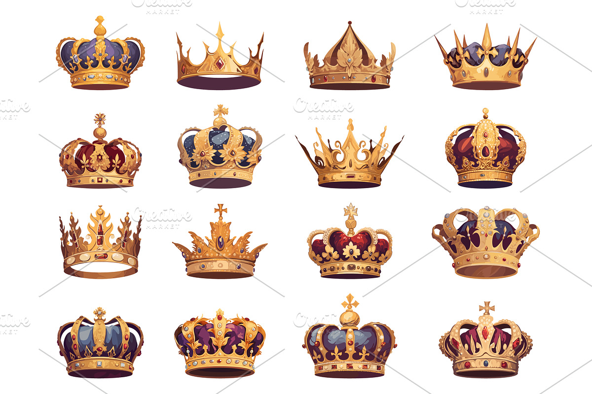 Set of ornate golden royal crowns of, an Object Illustration by LadadikArt