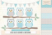Owls Clipart & Patterns in Soft Blue, an Animal Illustration by Amanda Ilkov (Thumbnail 1 of 4)