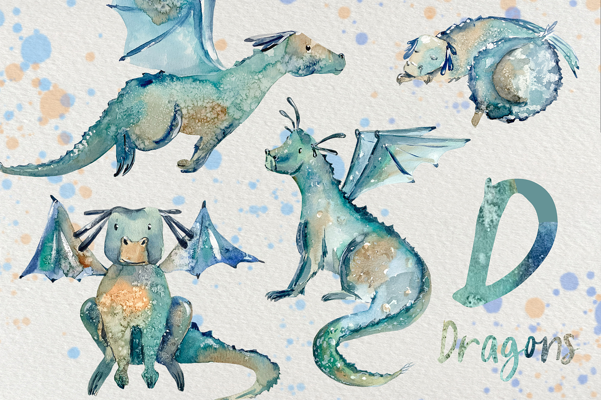 Dragons - Watercolor Clip Arts, an Illustration by Tati Bordiu (Photo 1 of 4)