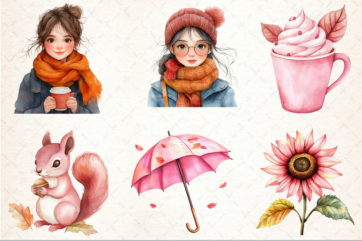 Watercolor Pink Fall Autumn Clipart, an Illustration by Rose Art (Photo 3 of 4)